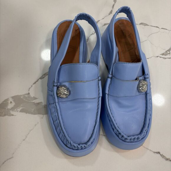 Ganni Loafers Womens Size 8 EU 38 Retro Slingback Platform Shoes Blue Leather - Picture 10 of 12